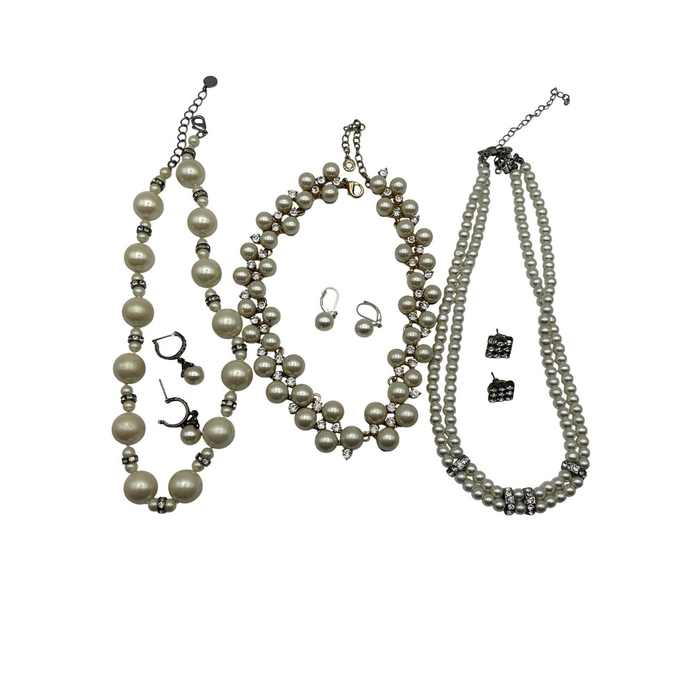 Mixed Brands White Faux Pearl Rhinestone Jewelry Lot Womens Necklaces Earrings‎